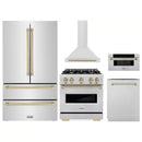 ZLINE 5-Piece Appliance Package - 30-Inch Autograph Edition Dual Fuel Range, Wall Mount Range Hood, 36-Inch French Door Refrigerator, Dishwasher, and 30-Inch Microwave Drawer in Stainless Steel with Champagne Bronze Accents