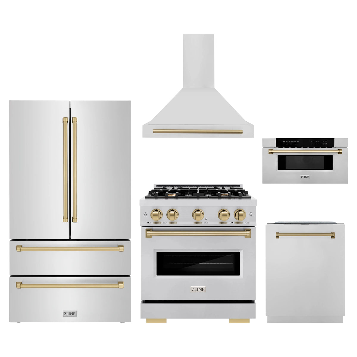 ZLINE 5-Piece Appliance Package - 30-Inch Autograph Edition Dual Fuel Range, Wall Mount Range Hood, 36-Inch French Door Refrigerator, Dishwasher, and 30-Inch Microwave Drawer in Stainless Steel with Champagne Bronze Accents