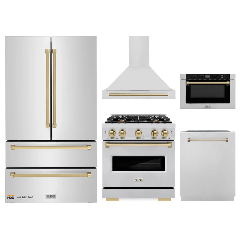 ZLINE 5-Piece Appliance Package - 30-Inch Dual Fuel Range, Hood, Refrigerator, Dishwasher, and Microwave Drawer in Stainless Steel with Champagne Bronze Accents