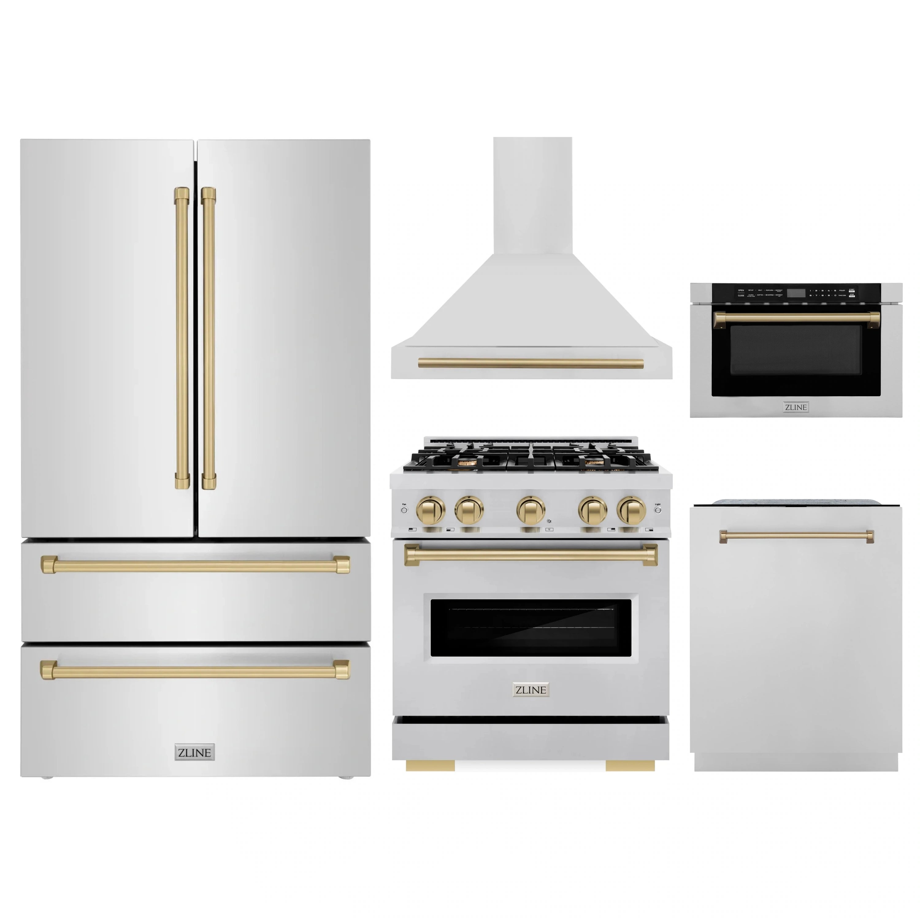 5-piece stainless steel appliance package with champagne bronze accents and range hood