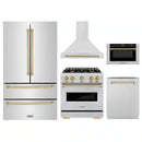 ZLINE 5-Piece Appliance Package - 30-Inch Dual Fuel Range, Hood, Refrigerator, Dishwasher, and Microwave Drawer in Stainless Steel with Champagne Bronze Accents