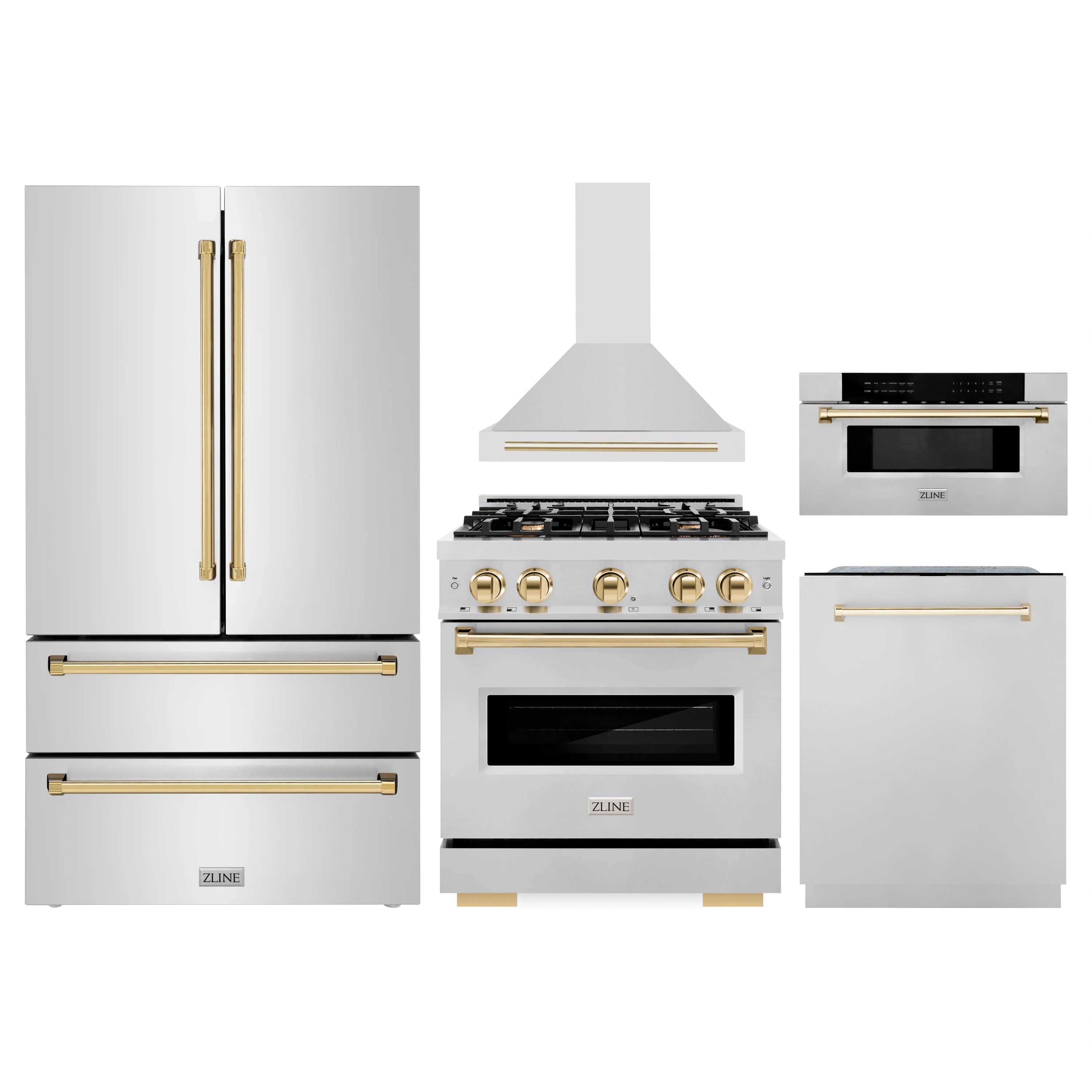 5-piece stainless appliance set with gold accents: fridge, range, hood, microwave, dishwasher