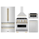 ZLINE 5-Piece Appliance Package - 30-Inch Autograph Edition Dual Fuel Range, Wall Mount Range Hood, 36-Inch French Door Refrigerator, Dishwasher, and 30-Inch Microwave Drawer in Stainless Steel with Gold Accents