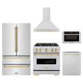 ZLINE 5-Piece Appliance Package - 30-Inch Dual Fuel Range, Hood, Refrigerator, Dishwasher, and Microwave Drawer in Stainless Steel with Gold Accents