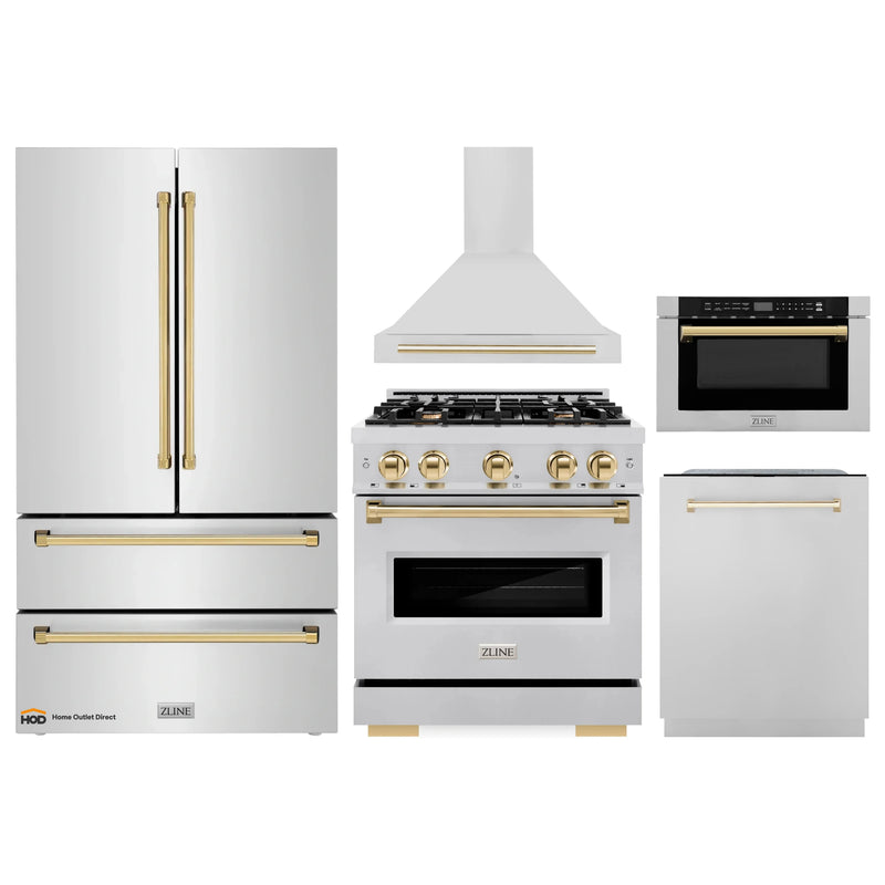 ZLINE 5-Piece Appliance Package - 30-Inch Dual Fuel Range, Hood, Refrigerator, Dishwasher, and Microwave Drawer in Stainless Steel with Gold Accents