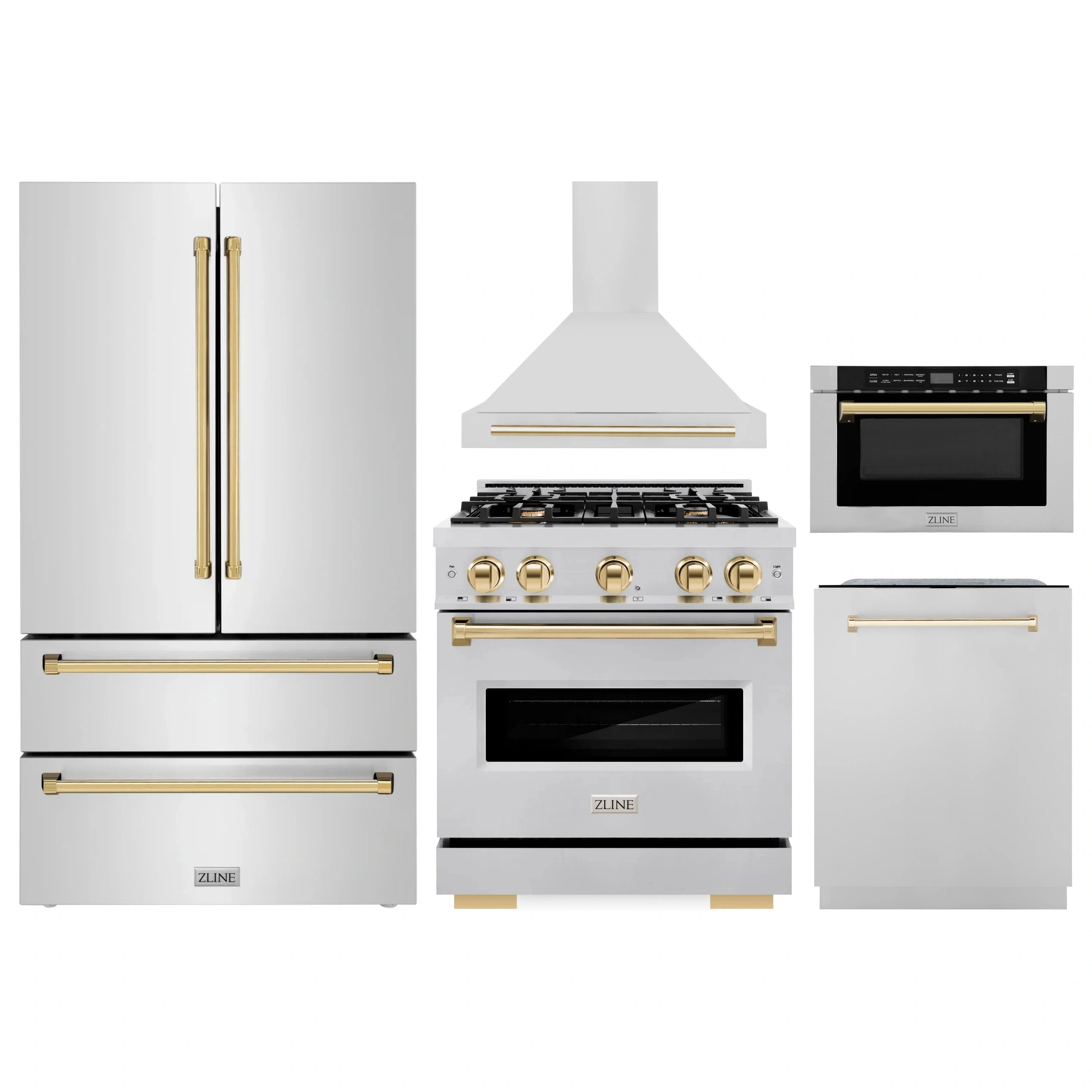 Stainless appliance package with gold-accented range, hood, refrigerator, and microwave