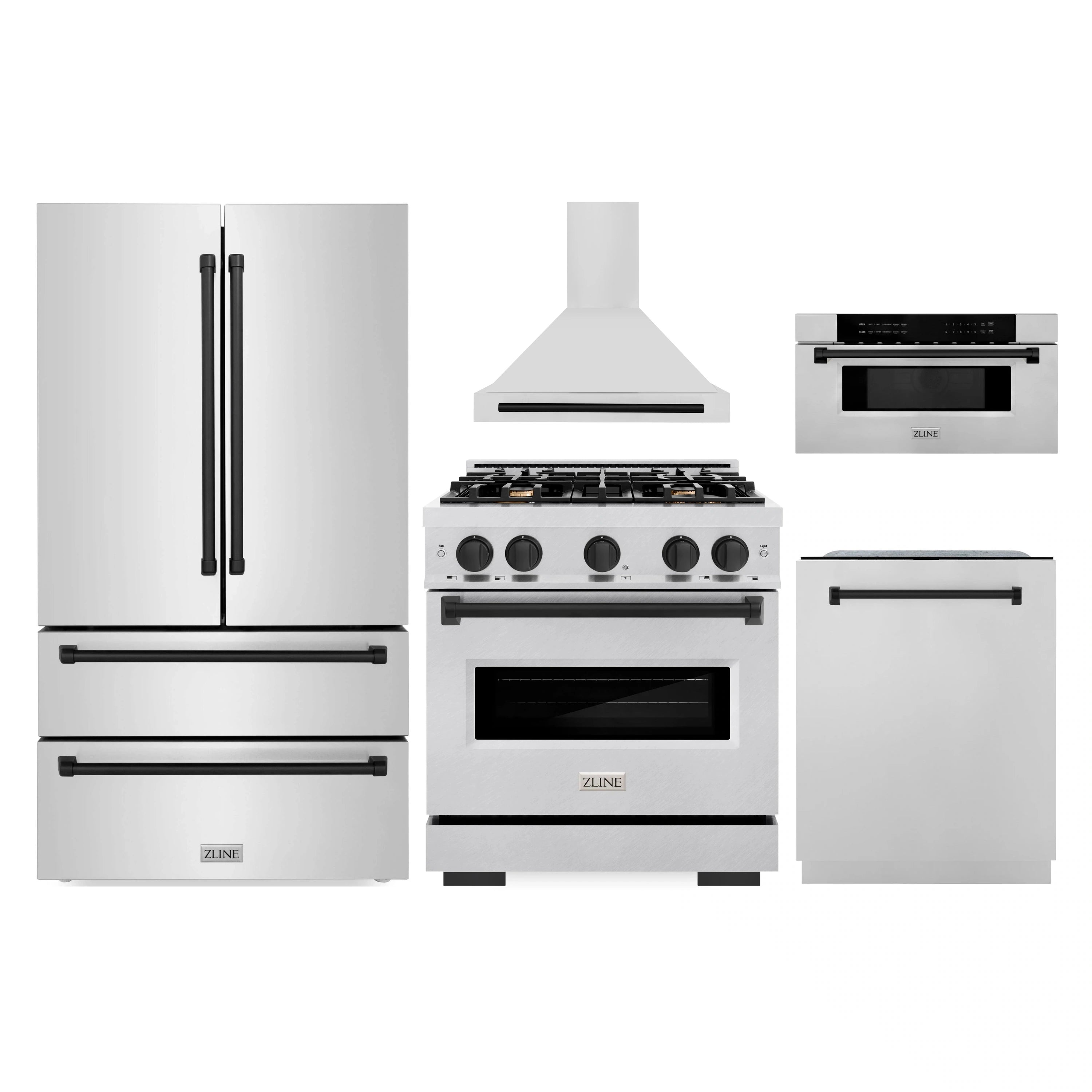 White stainless appliance set: refrigerator, range, hood, dishwasher, microwave
