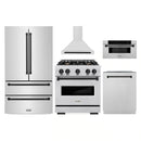 ZLINE 5-Piece Appliance Package - 30-Inch Autograph Edition Dual Fuel Range, Wall Mount Range Hood, 36-Inch French Door Refrigerator, Dishwasher, and 30-Inch Microwave Drawer in Stainless Steel Matte Black Accents