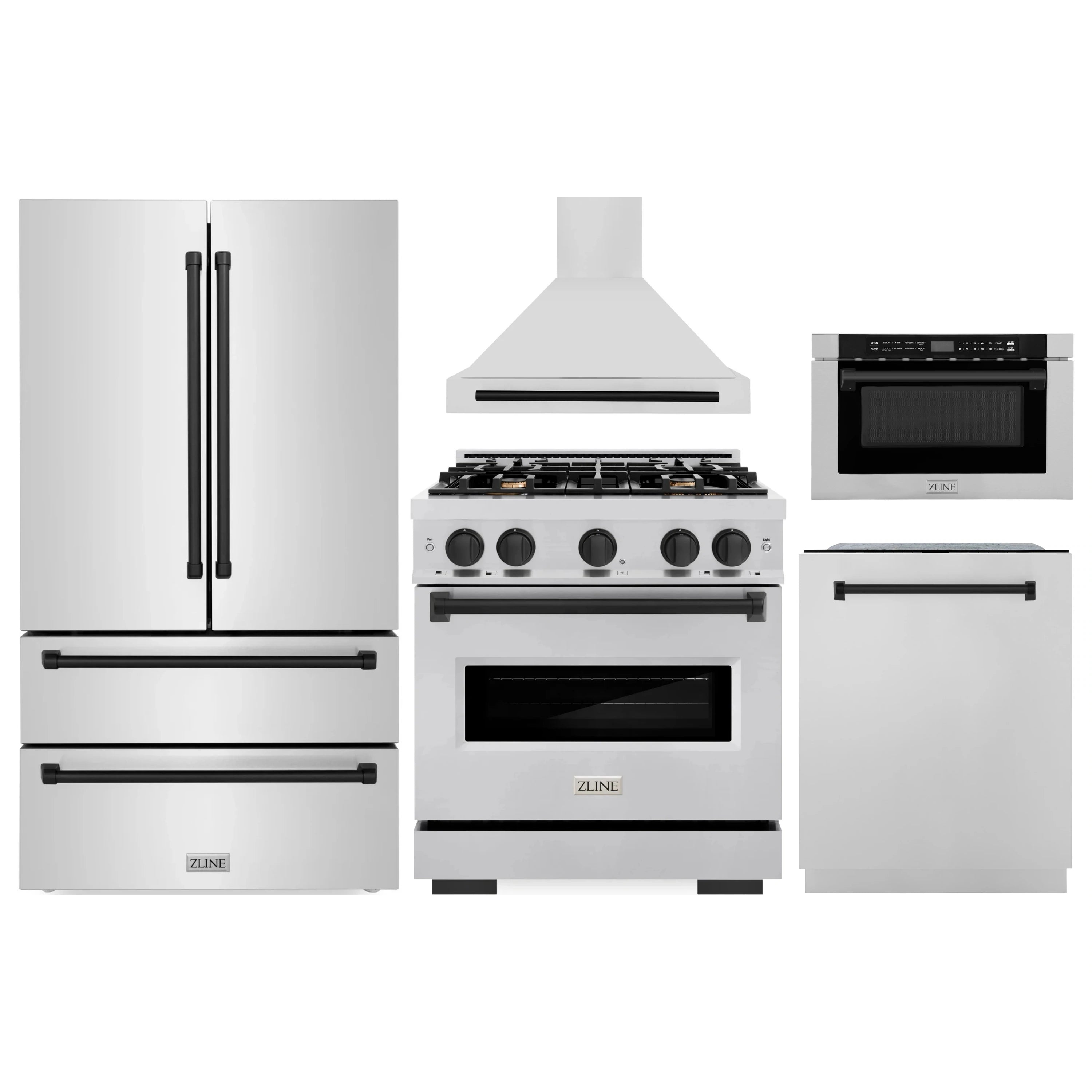 Stainless steel appliance package showing range, refrigerator, hood, dishwasher, and microwave drawer
