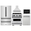 ZLINE 5-Piece Appliance Package - 30-Inch Dual Fuel Range, Hood, Refrigerator, Dishwasher, and Microwave Drawer in Stainless Steel with Matte Black Accents