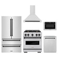 ZLINE 5-Piece Appliance Package - 30-Inch Dual Fuel Range, Hood, Refrigerator, Dishwasher, and Microwave Drawer in Stainless Steel with Matte Black Accents