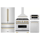 ZLINE 5-Piece Appliance Package - 36-Inch Autograph Edition Dual Fuel Range, Wall Mount Range Hood, 36-Inch French Door Refrigerator, Dishwasher, and 30-Inch Microwave Drawer in Stainless Steel with Champagne Bronze Accents