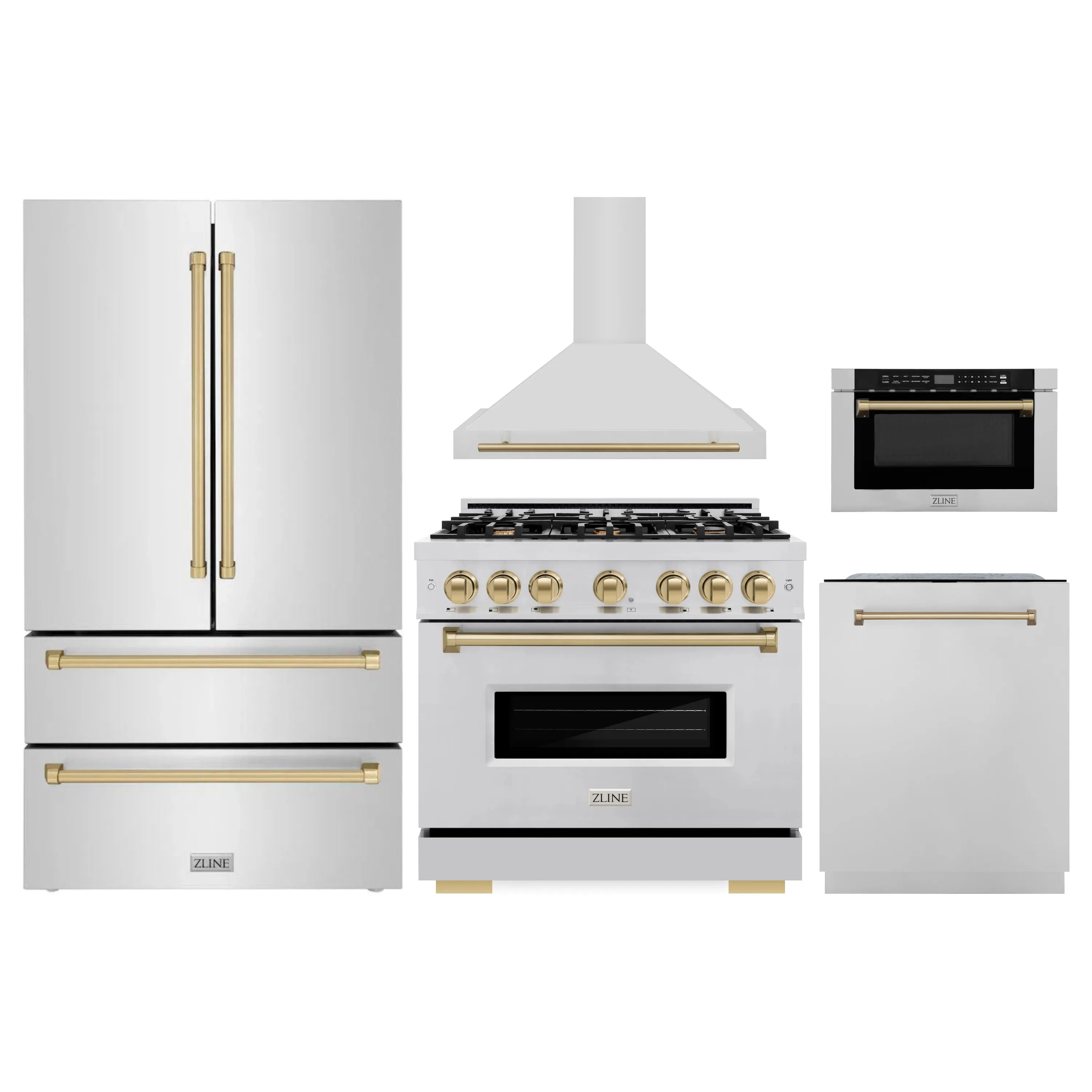 ZLINE 5-piece appliance package in stainless steel with champagne bronze accents
