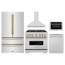 ZLINE 5-Piece Appliance Package - 36-Inch Dual Fuel Range, Hood, Refrigerator, Dishwasher, and Microwave Drawer in Stainless Steel with Champagne Bronze Accents