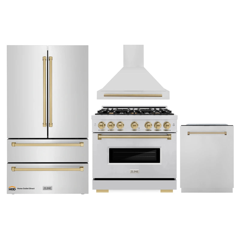 ZLINE 5-Piece Appliance Package - 36-Inch Dual Fuel Range, Hood, Refrigerator, Dishwasher, and Microwave Drawer in Stainless Steel with Champagne Bronze Accents