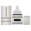 ZLINE 5-Piece Appliance Package - 36-Inch Dual Fuel Range, Hood, Refrigerator, Dishwasher, and Microwave Drawer in Stainless Steel with Champagne Bronze Accents