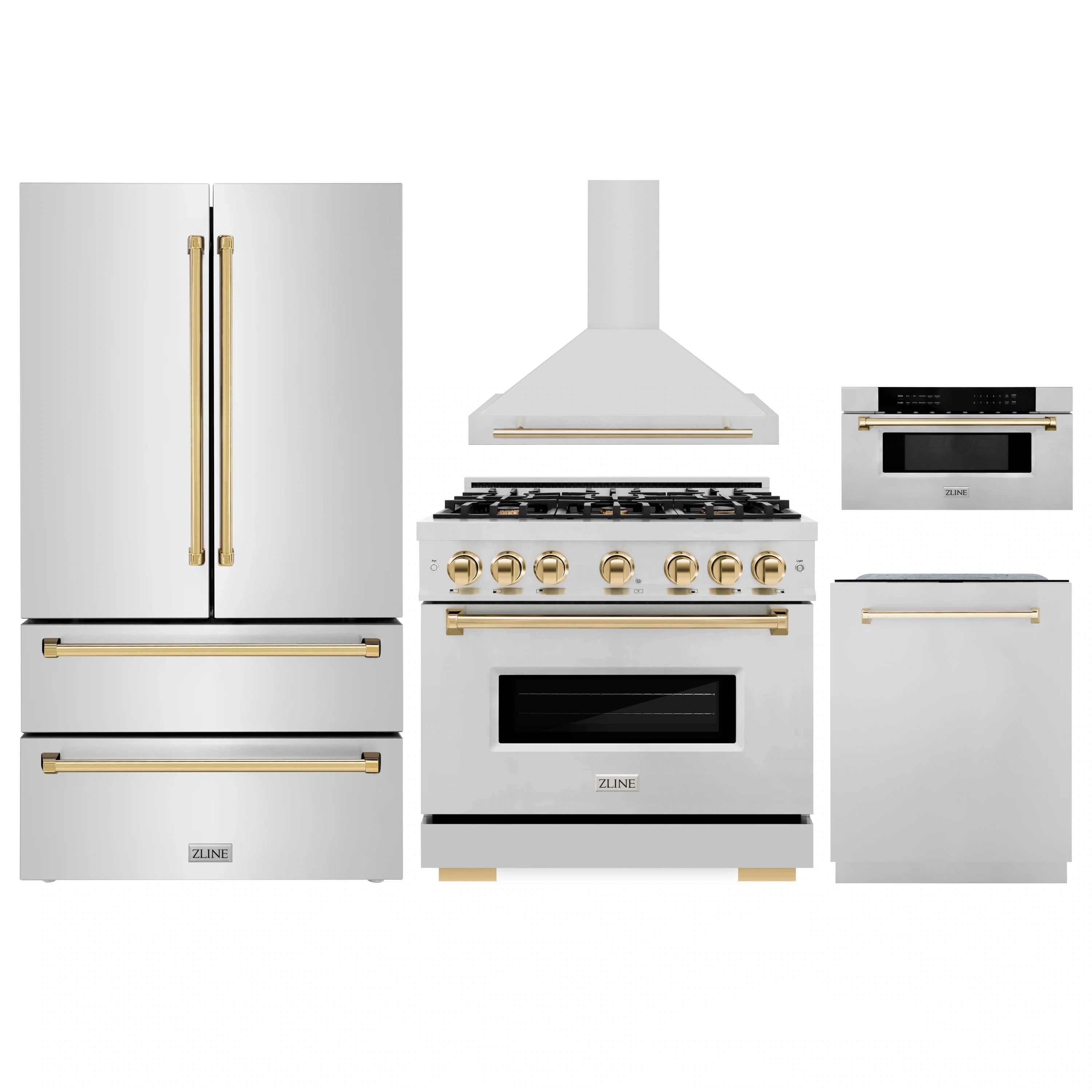 Five-piece kitchen appliance set in stainless steel with gold accents and black glass