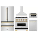 ZLINE 5-Piece Appliance Package - 36-Inch Autograph Edition Dual Fuel Range, Wall Mount Range Hood, 36-Inch French Door Refrigerator, Dishwasher, and 30-Inch Microwave Drawer in Stainless Steel with Gold Accents