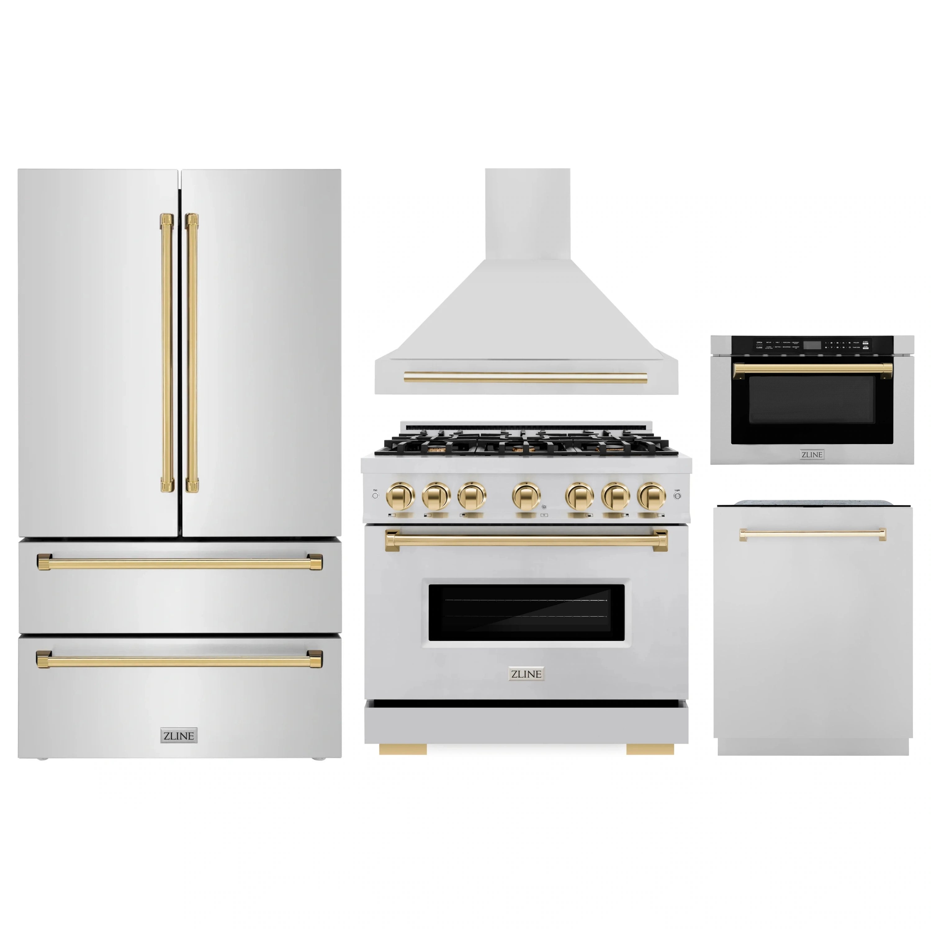 5-piece kitchen appliance set: range, refrigerator, dishwasher, hood, and microwave drawer