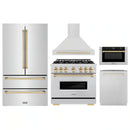 ZLINE 5-Piece Appliance Package - 36-Inch Dual Fuel Range, Hood, Refrigerator, Dishwasher, and Microwave Drawer in Stainless Steel with Gold Accents