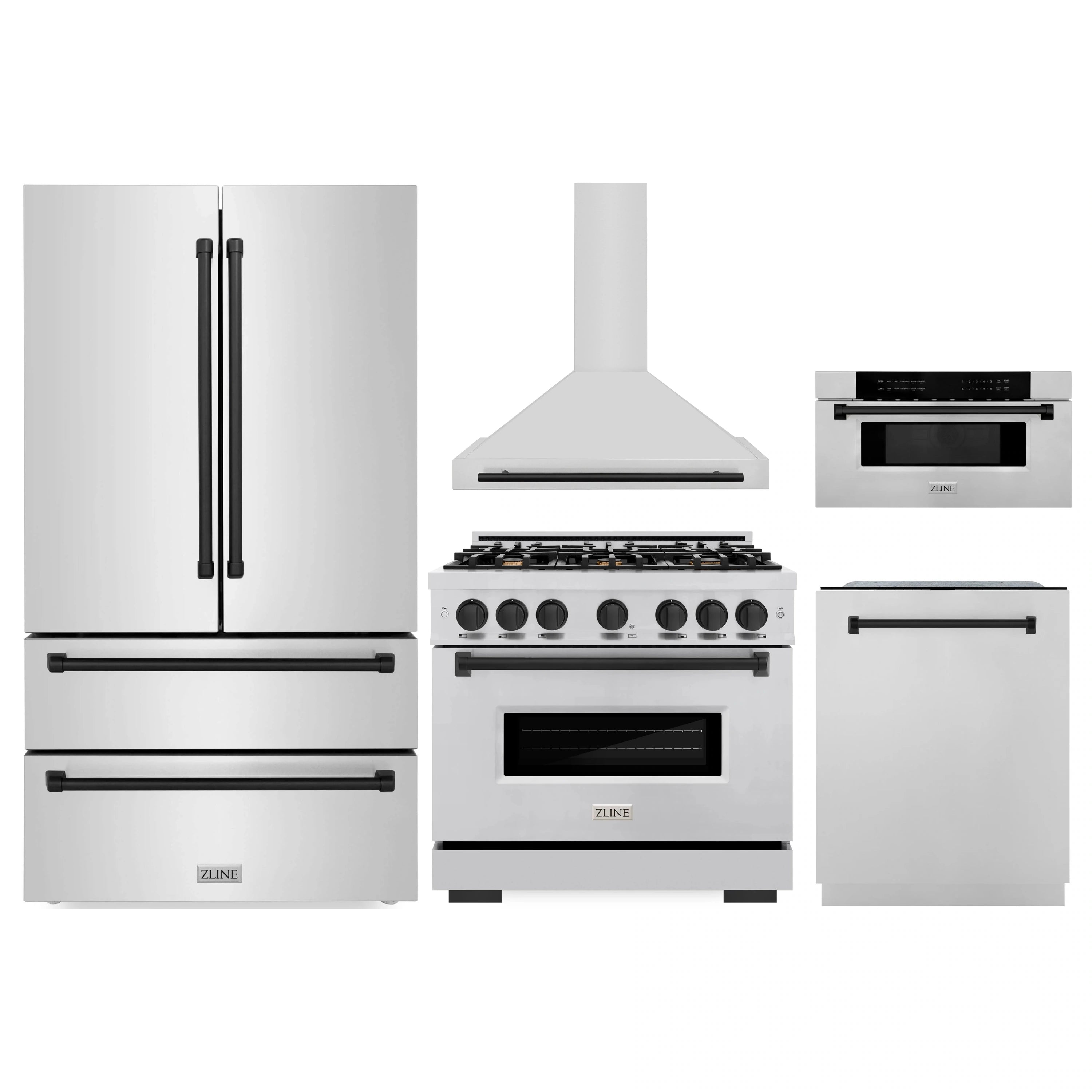 ZLINE 5-piece appliance package with range, hood, refrigerator, dishwasher, and microwave