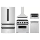 ZLINE 5-Piece Appliance Package - 36-Inch Autograph Edition Dual Fuel Range, Wall Mount Range Hood, 36-Inch French Door Refrigerator, Dishwasher, and 30-Inch Microwave Drawer in Stainless Steel Matte Black Accents