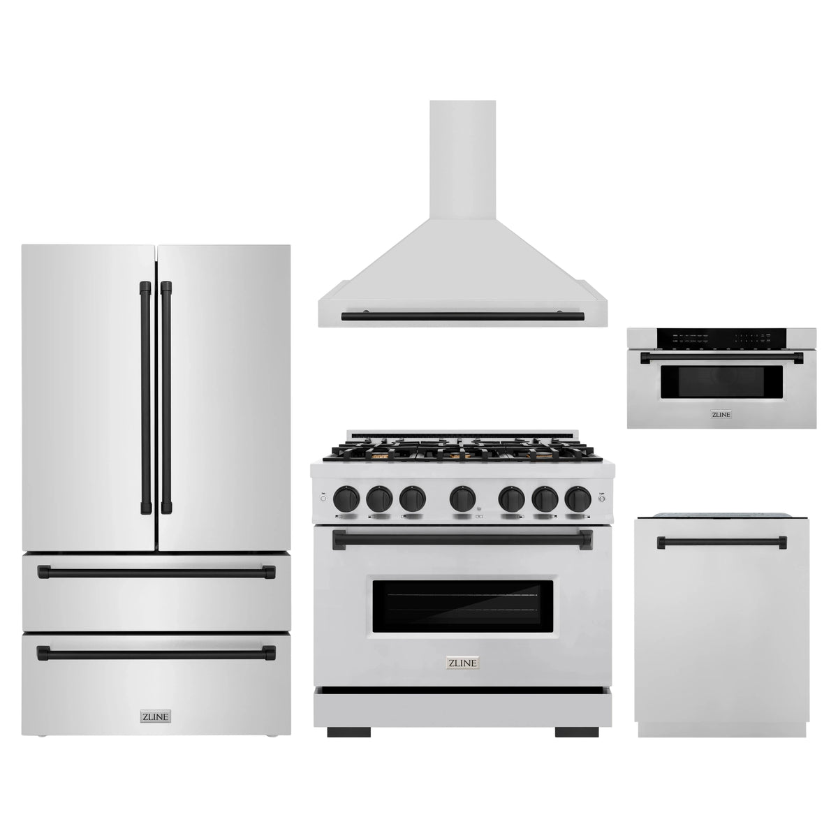 ZLINE 5-Piece Appliance Package - 36-Inch Autograph Edition Dual Fuel Range, Wall Mount Range Hood, 36-Inch French Door Refrigerator, Dishwasher, and 30-Inch Microwave Drawer in Stainless Steel Matte Black Accents