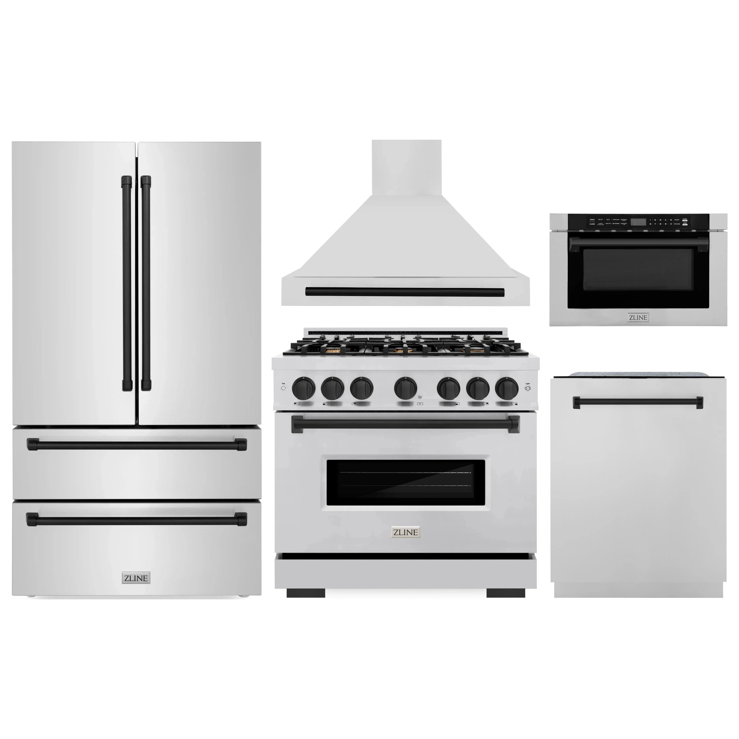 5-piece ZLINE appliance package in stainless steel with matte black accents