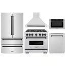 ZLINE 5-Piece Appliance Package - 36-Inch Dual Fuel Range, Hood, Refrigerator, Dishwasher, and Microwave Drawer in Stainless Steel with Matte Black Accents