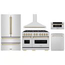 ZLINE 5-Piece Appliance Package - 48-Inch Autograph Edition Dual Fuel Range, Wall Mount Range Hood, 36-Inch French Door Refrigerator, Dishwasher, and 30-Inch Microwave Drawer in Stainless Steel with Champagne Bronze Accents