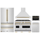 ZLINE 5-Piece Appliance Package - 48-Inch Dual Fuel Range, Hood, Refrigerator, Dishwasher, and Microwave Drawer in Stainless Steel with Champagne Bronze Accents