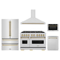 ZLINE 5-Piece Appliance Package - 48-Inch Dual Fuel Range, Hood, Refrigerator, Dishwasher, and Microwave Drawer in Stainless Steel with Champagne Bronze Accents