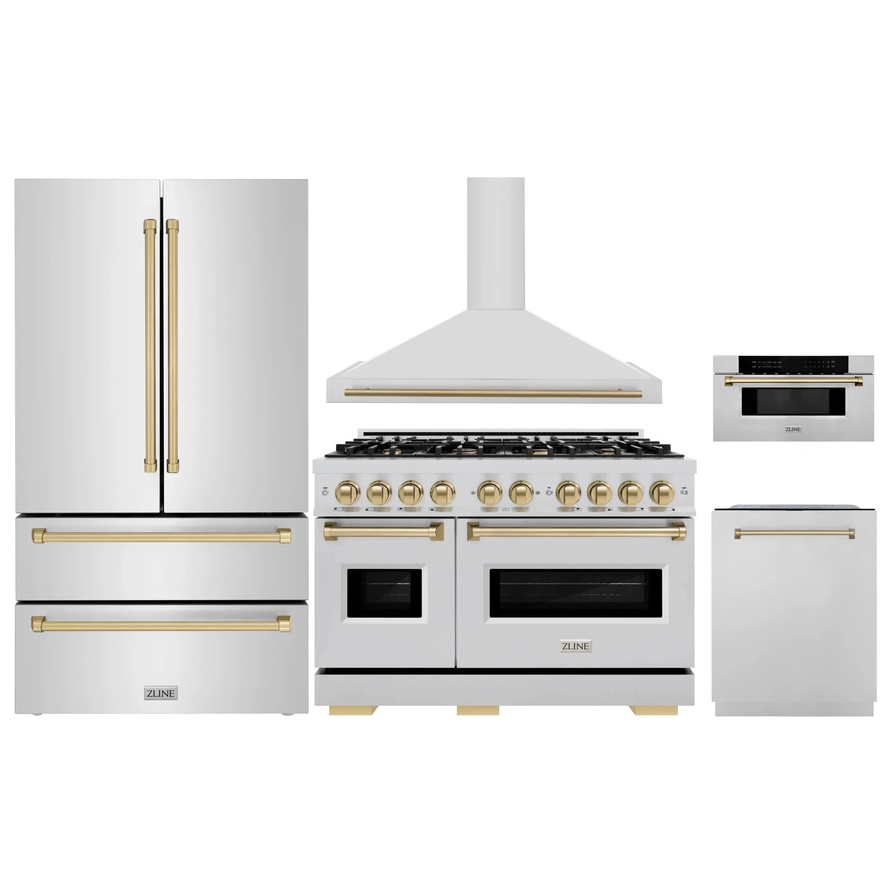 ZLINE stainless appliance package with range, hood, and matching drawers in bronze accents
