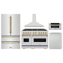 ZLINE 5-Piece Appliance Package - 48-Inch Autograph Edition Dual Fuel Range, Wall Mount Range Hood, 36-Inch French Door Refrigerator, Dishwasher, and 30-Inch Microwave Drawer in Stainless Steel with Gold Accents