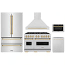 ZLINE 5-Piece Appliance Package - 48-Inch Dual Fuel Range, Hood, Refrigerator, Dishwasher, and Microwave Drawer in Stainless Steel with Gold Accents