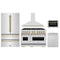ZLINE 5-Piece Appliance Package - 48-Inch Dual Fuel Range, Hood, Refrigerator, Dishwasher, and Microwave Drawer in Stainless Steel with Gold Accents