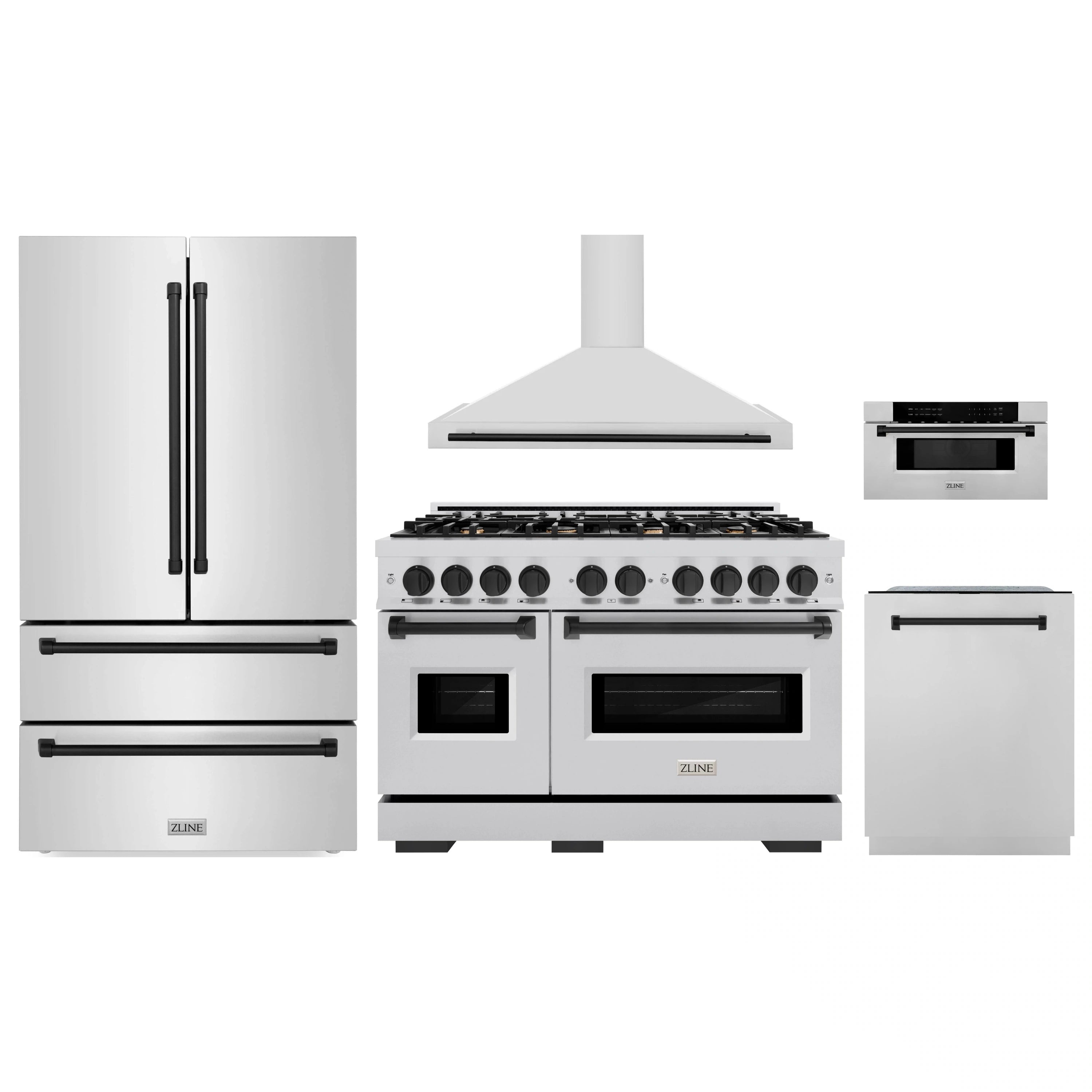 Stainless appliance package set with range, hood, refrigerator, dishwasher, and microwave