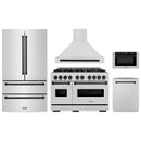 ZLINE 5-Piece Appliance Package - 48-Inch Dual Fuel Range, Hood, Refrigerator, Dishwasher, and Microwave Drawer in Stainless Steel with Matte Black Accents