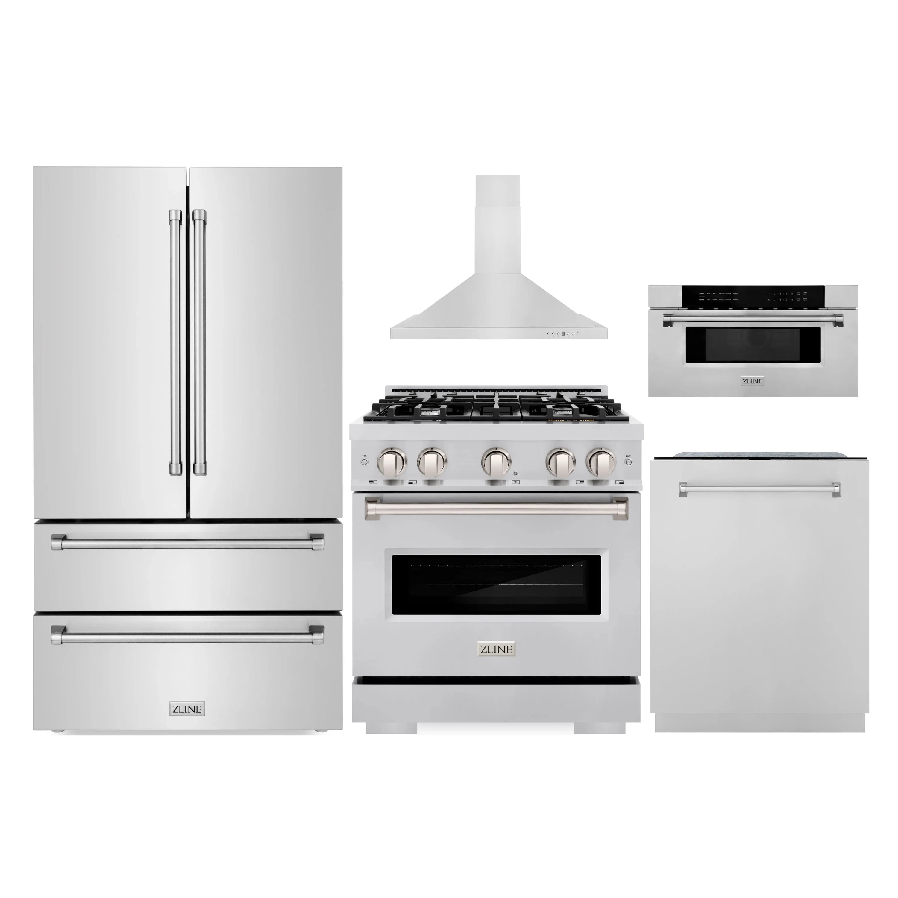 Stainless steel 5-piece kitchen appliance package with refrigerator, range, hood, microwave, dishwasher
