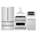 ZLINE 5-Piece Appliance Package - 30-Inch Classic Gas Range, Wall Mount Range Hood, 36-Inch French Door Refrigerator, Dishwasher, and 30-Inch Microwave Drawer in Stainless Steel