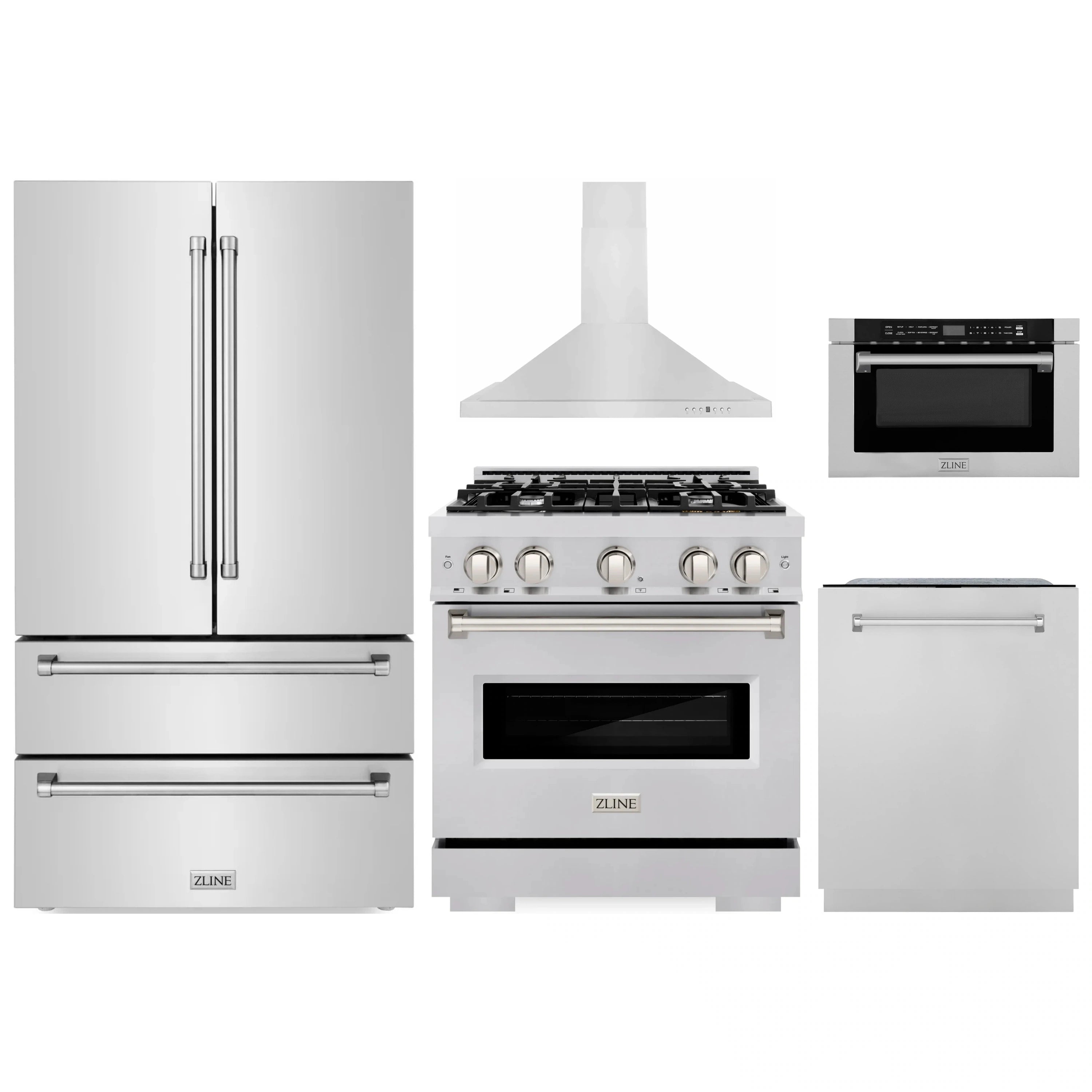 Stainless steel appliance set: refrigerator, range with hood, dishwasher, and microwave