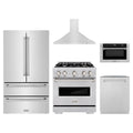ZLINE 5-Piece Appliance Package - 30-Inch Gas Range, Hood, Refrigerator, Dishwasher, and Microwave Drawer in Stainless Steel