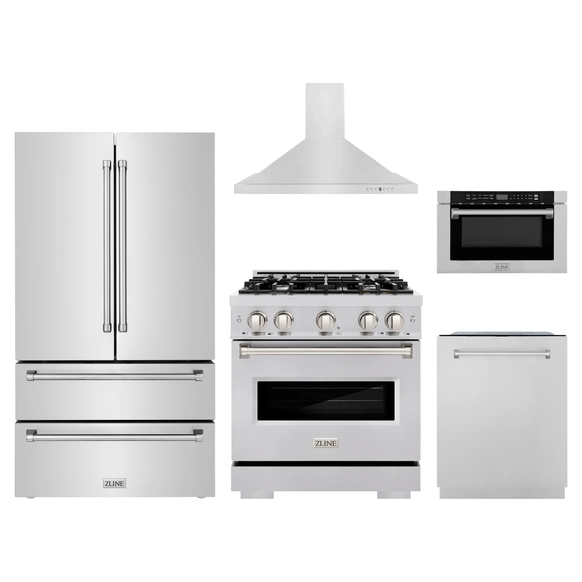 ZLINE 5-Piece Appliance Package - 30-Inch Gas Range, Hood, Refrigerator, Dishwasher, and Microwave Drawer in Stainless Steel