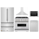 ZLINE 5-Piece Appliance Package - 36-Inch Gas Range, Hood, Refrigerator, Dishwasher, and Microwave Drawer in Stainless Steel