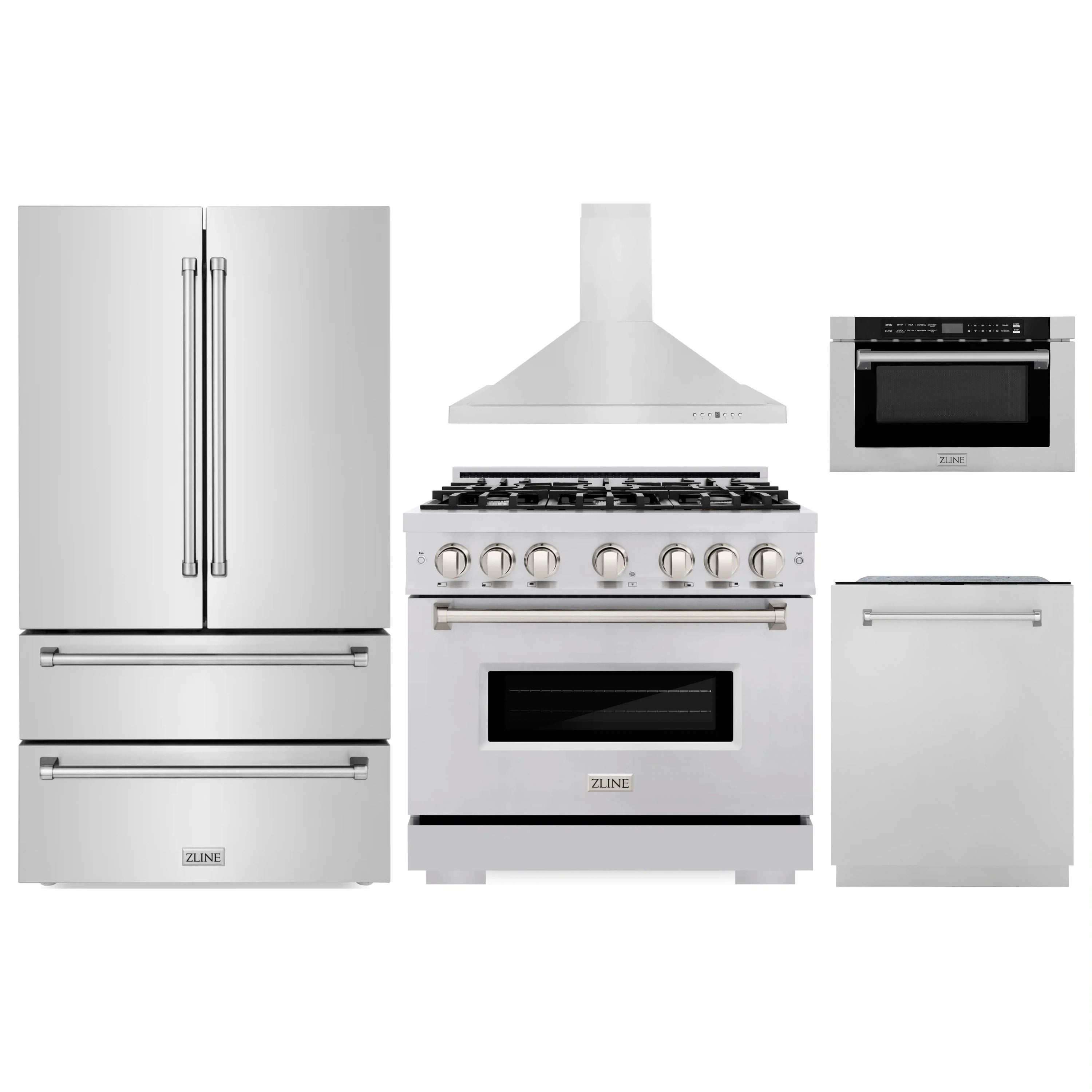 Stainless steel appliance set with refrigerator, range, hood, dishwasher, and microwave drawer