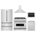ZLINE 5-Piece Appliance Package - 36-Inch Gas Range, Hood, Refrigerator, Dishwasher, and Microwave Drawer in Stainless Steel