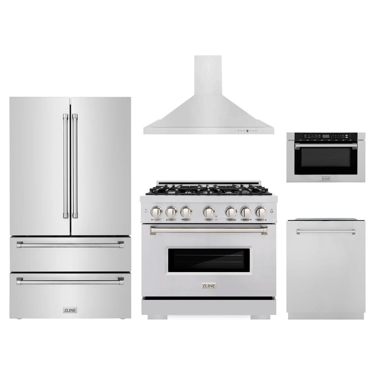 ZLINE 5-Piece Appliance Package - 36-Inch Gas Range, Hood, Refrigerator, Dishwasher, and Microwave Drawer in Stainless Steel