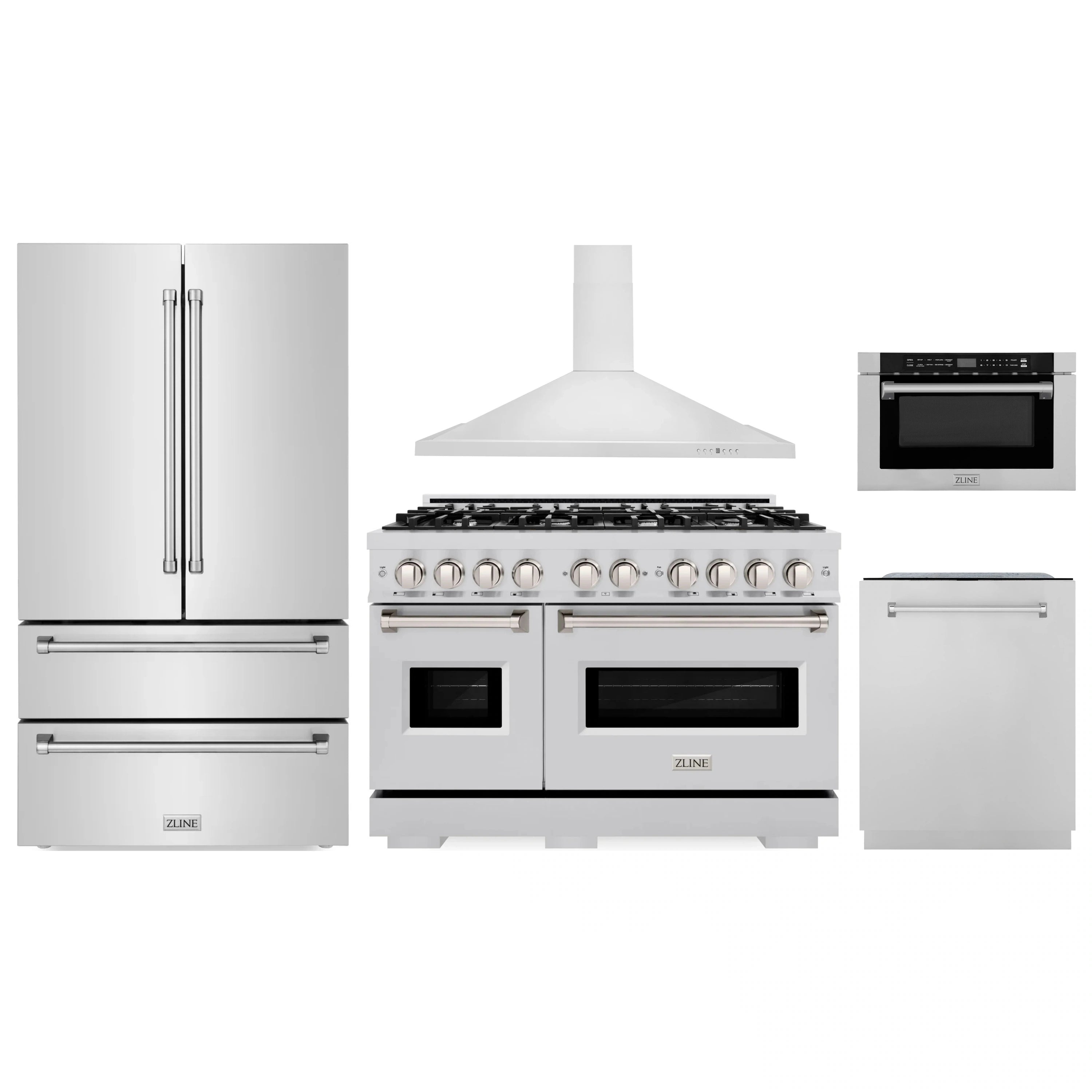 Stainless steel 5-piece appliance package showing range, hood, microwave, fridge, dishwasher