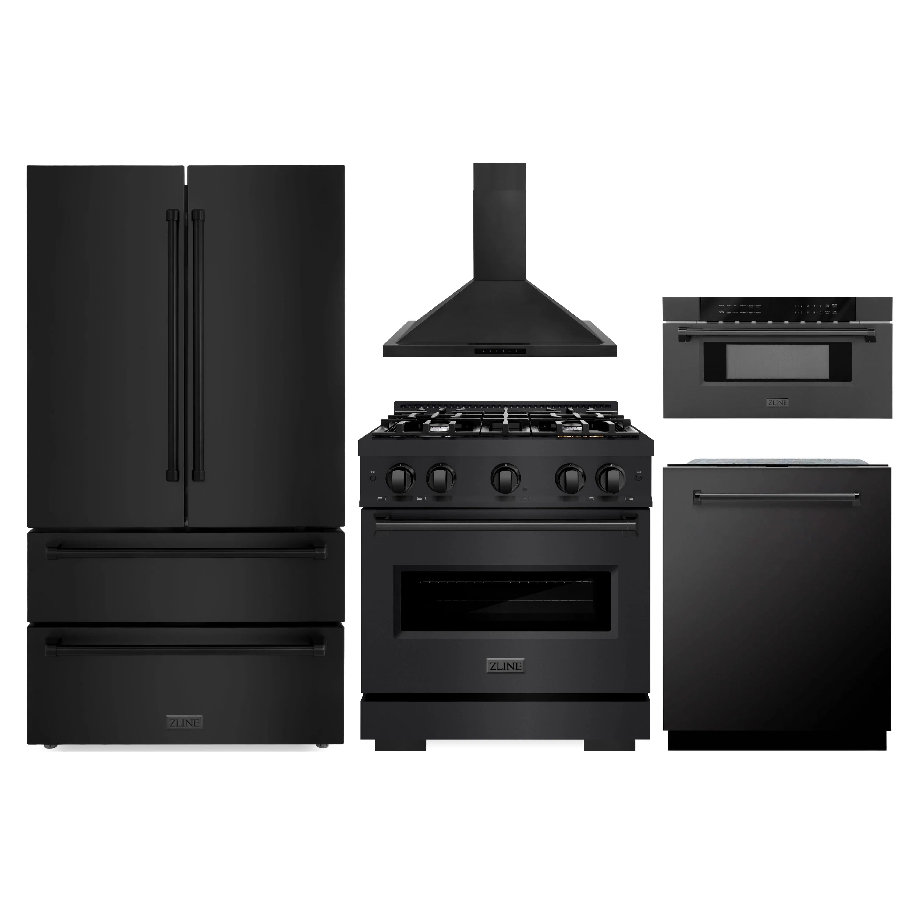 Black stainless 5-piece appliance set with refrigerator, gas range, hood, microwave, dishwasher