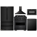 ZLINE 5-Piece Appliance Package - 30-Inch Gas Range, Hood, Refrigerator, Dishwasher, and Microwave Drawer in Black Stainless Steel